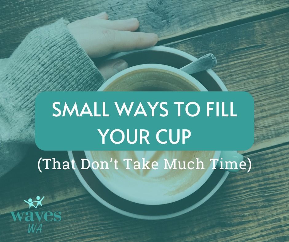 Hand over coffee cup with teal text: 