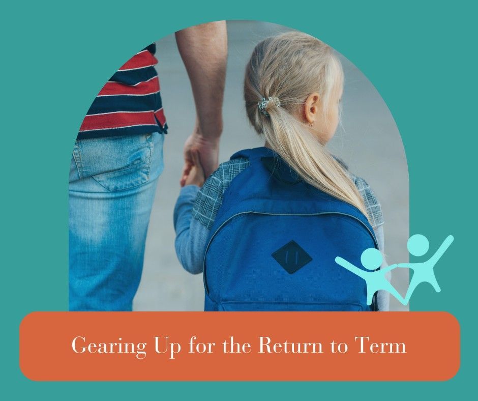 Girl with backpack holding a hand, walking with an adult. Teal background, orange banner, text: