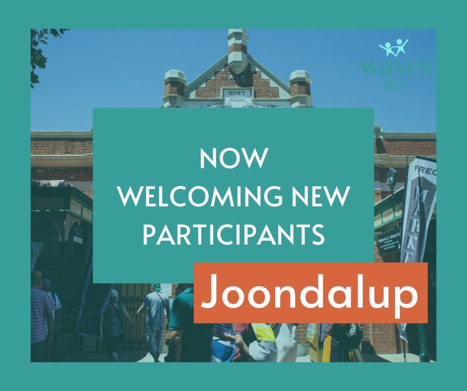 PBS sign promoting new participants in Joondalup, with a building background and people.