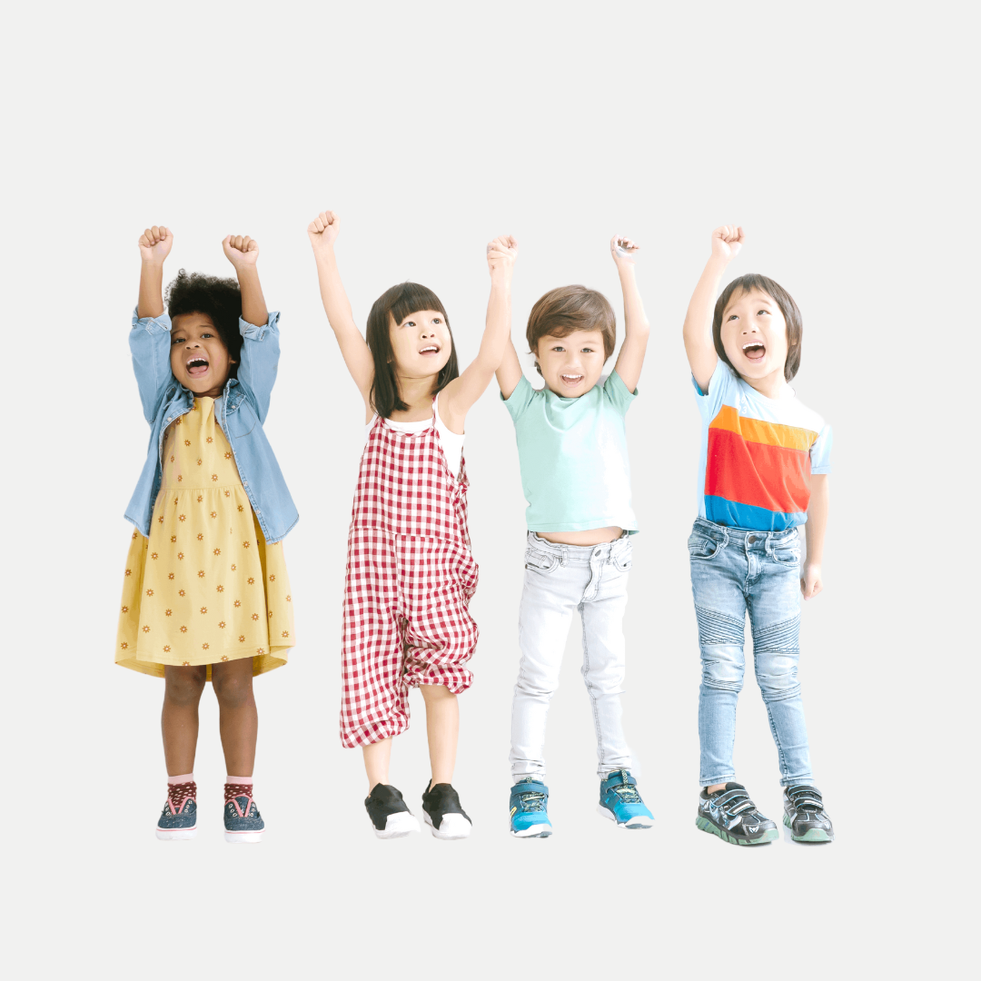 Four children raising arms in celebration.
