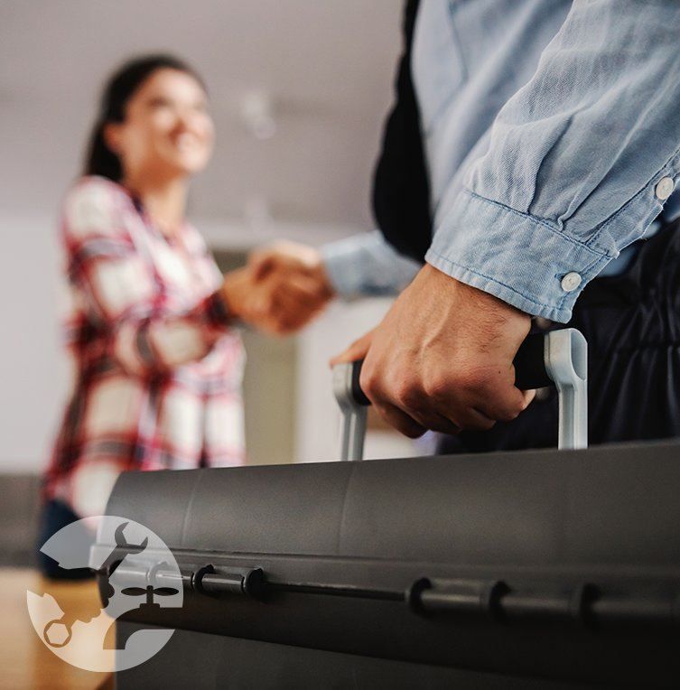 Handshake between a person and a customer. A toolbox in the foreground.
