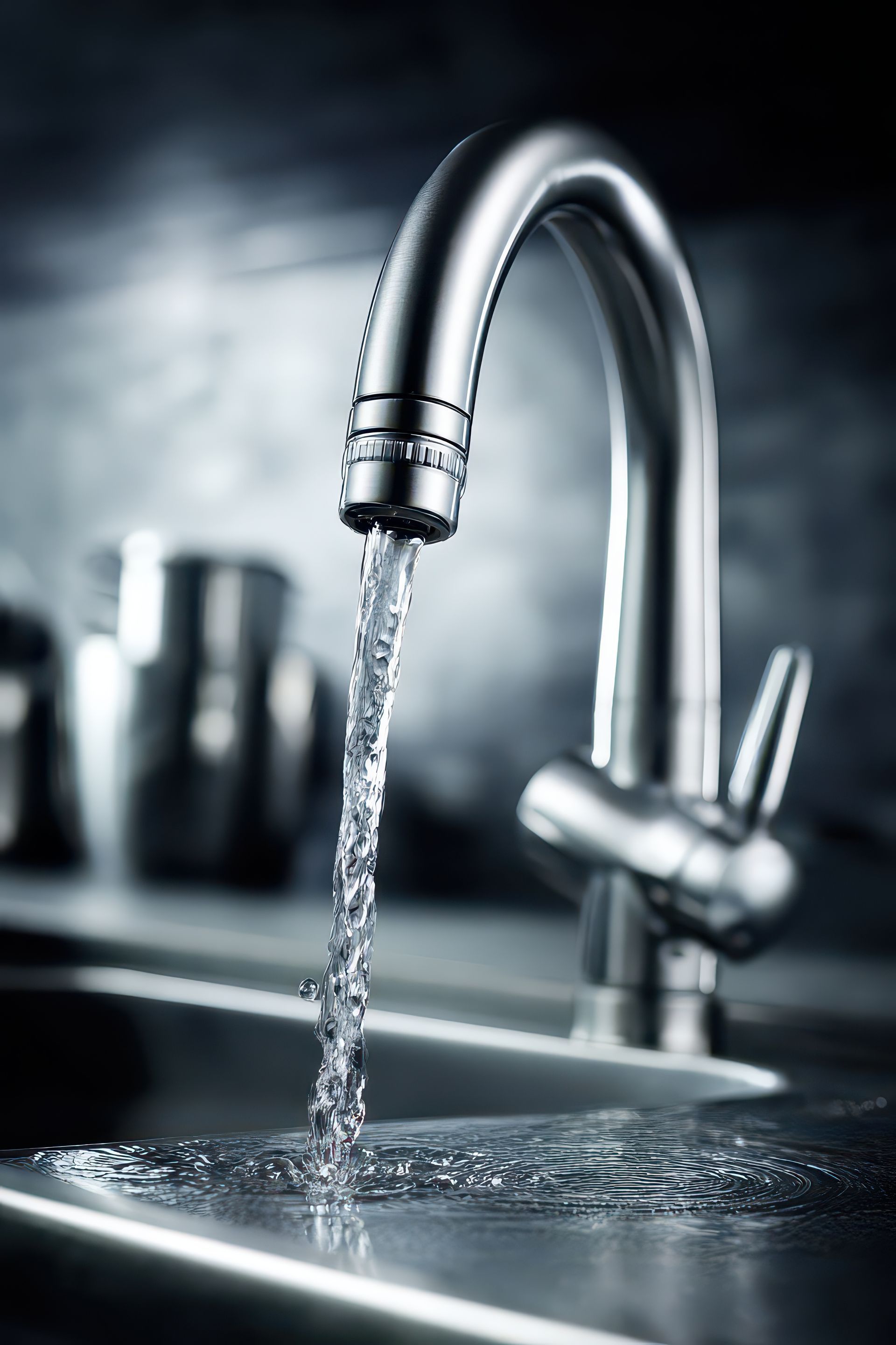 Chrome bathroom faucet pouring water into a white sink.