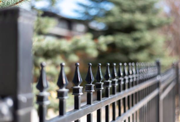 Close-up of black wrought iron fence with decorative spearhead design outdoors.