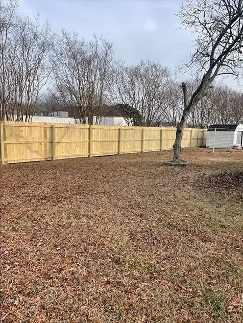 Wooden fence in a yard with leafless trees and brown leaves.