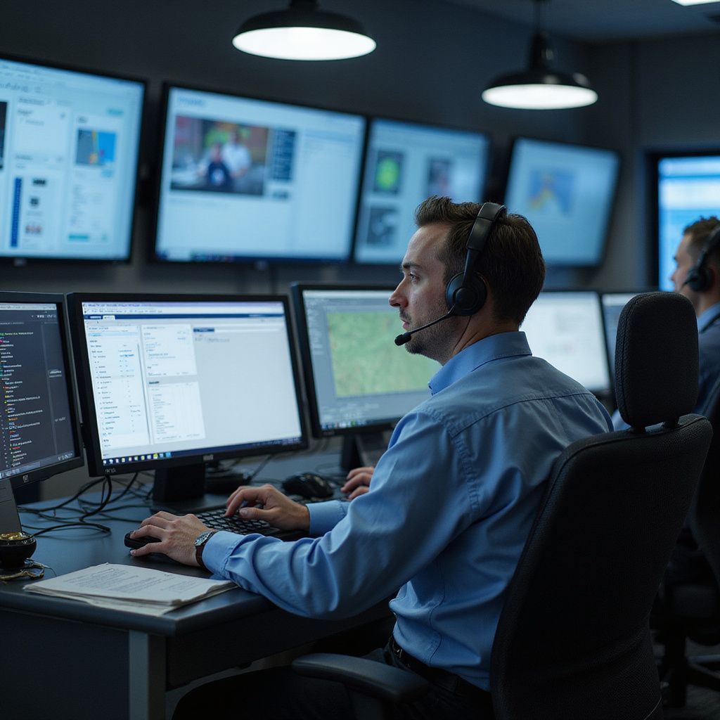 Man with headset monitors computers in a control room. Other operators and displays are visible.
