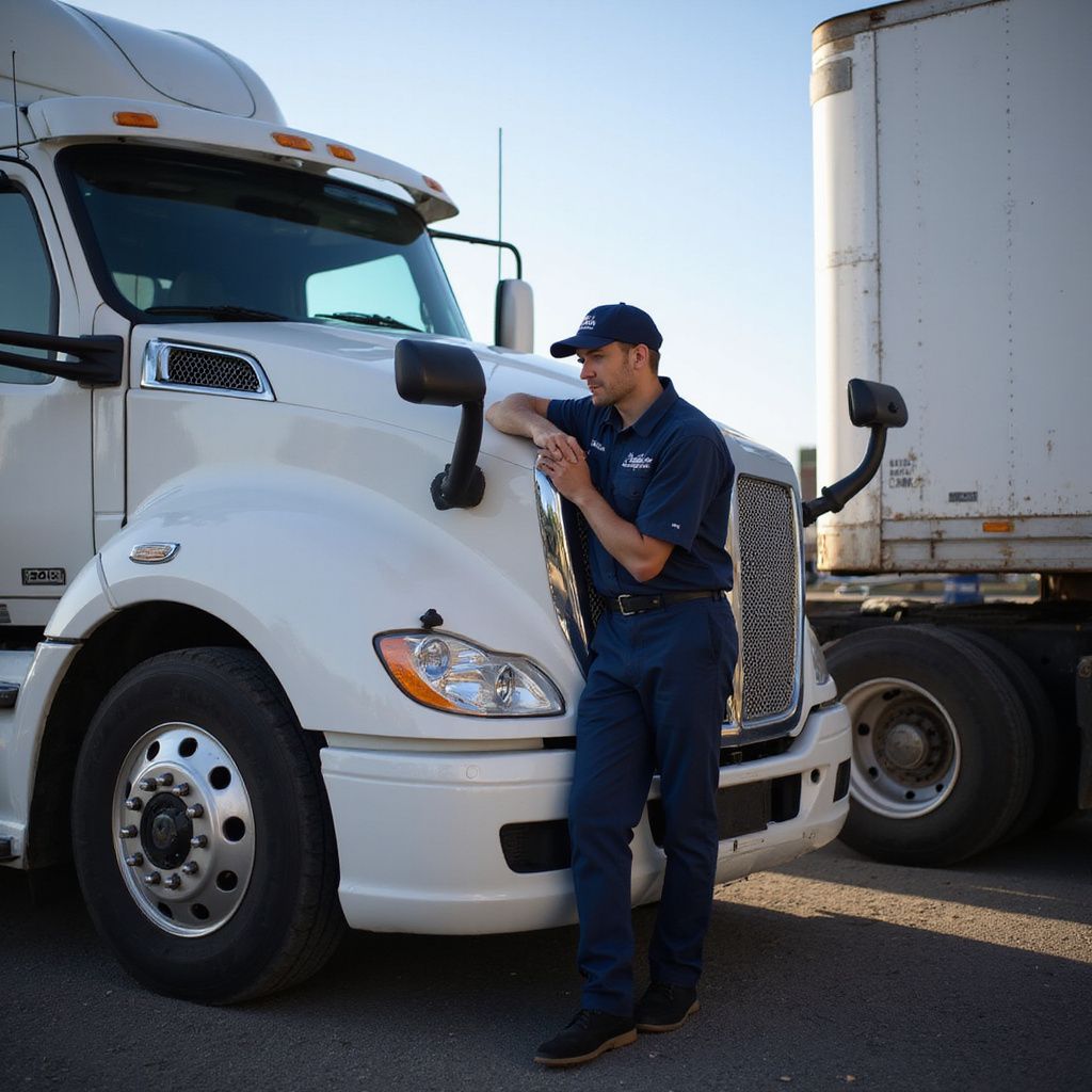Truck driver leaning on his white semi-truck, wearing a blue cap and uniform.