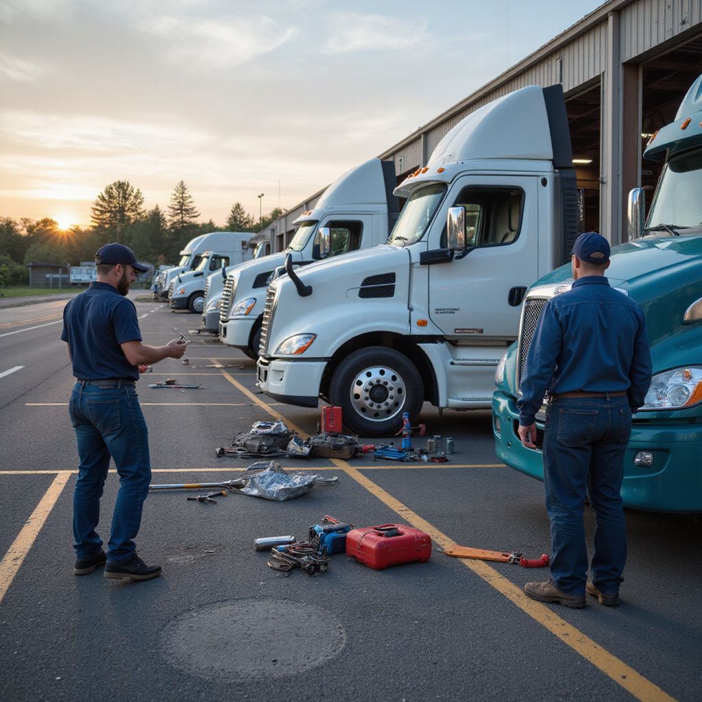 Two mechanics inspecting semi-trucks lined up outside a garage at sunset.