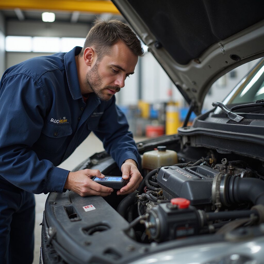 Mechanic in blue overalls examines car engine with diagnostic tool in a garage.