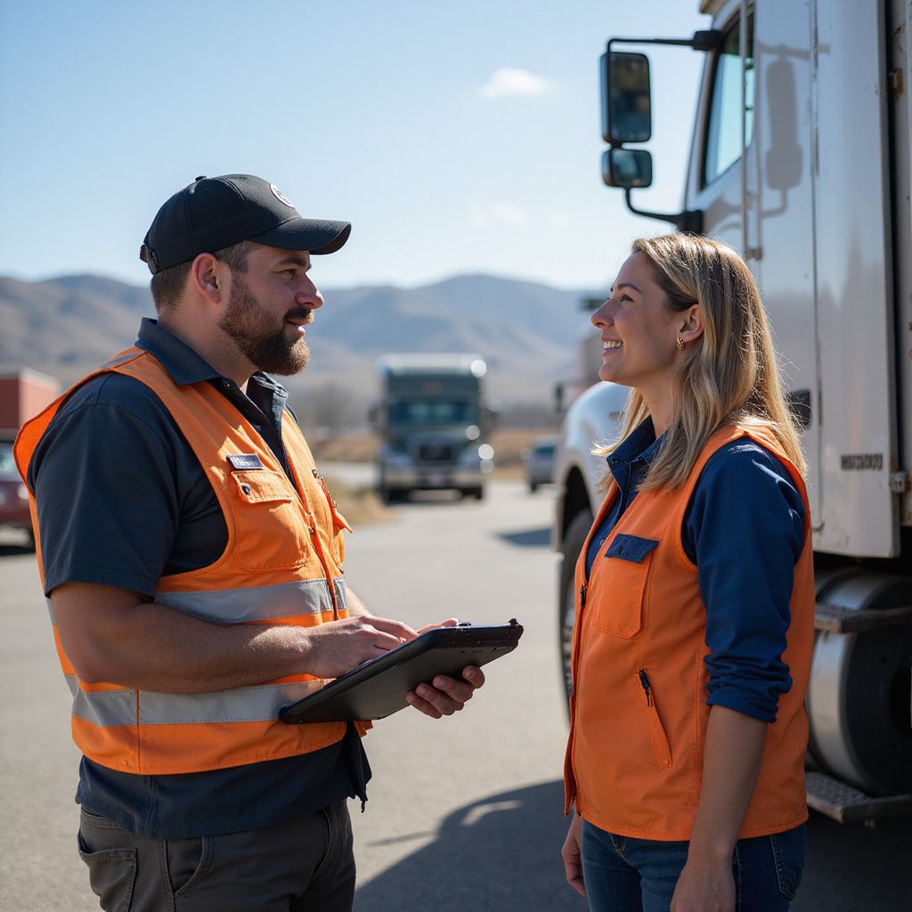 A man and woman in safety vests talk near a truck on a sunny road.