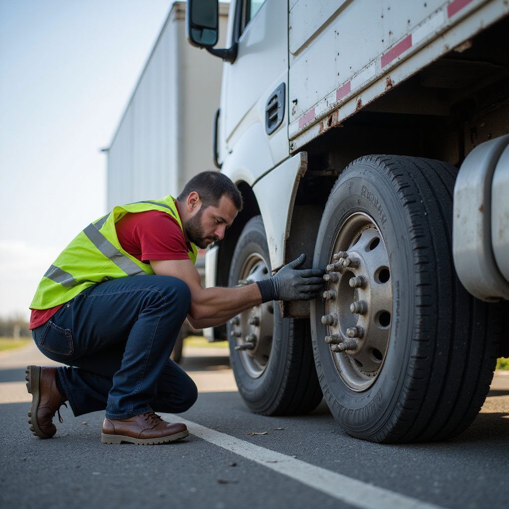 Trucker in safety vest checking a semi-truck tire on the side of a road.