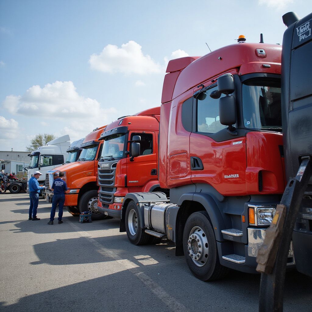 Trucks lined up outdoors with people nearby.