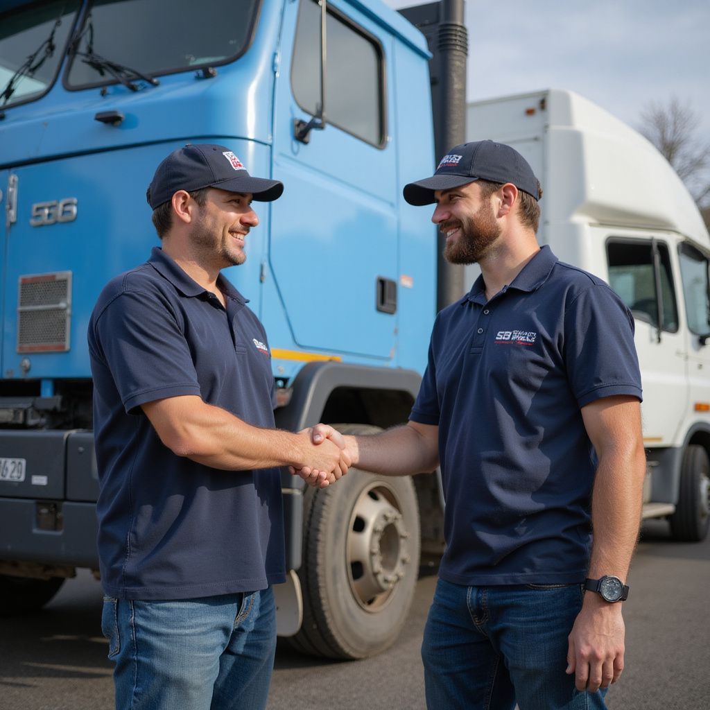 Two men shaking hands in front of trucks, wearing blue shirts and hats, smiling.
