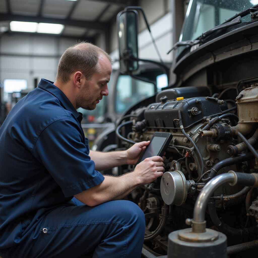 Mechanic examines truck engine with tablet in auto shop.