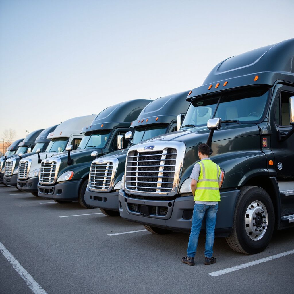 Line of dark trucks parked in a lot with a person wearing a safety vest inspecting one.
