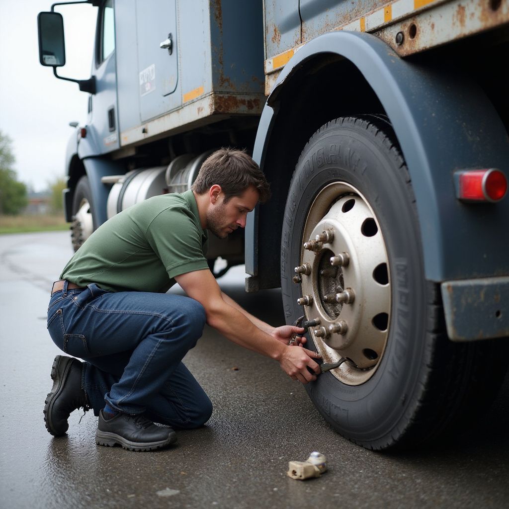 Man kneels to check truck tire pressure, wearing green shirt and jeans. Outdoors, truck on wet road.