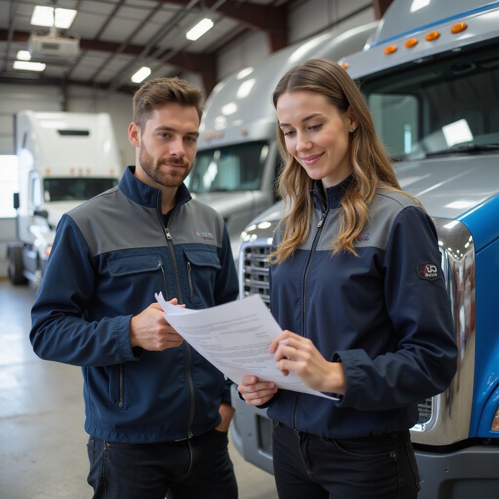 Two people, a man and a woman, in a warehouse looking at a document near trucks.