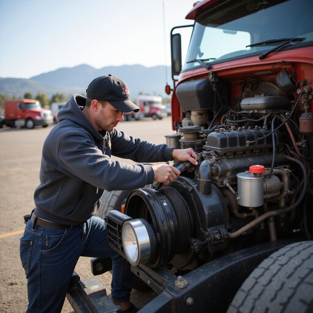 Mechanic in a black cap and hoodie repairs a semi-truck engine outdoors, near other trucks and mountains.