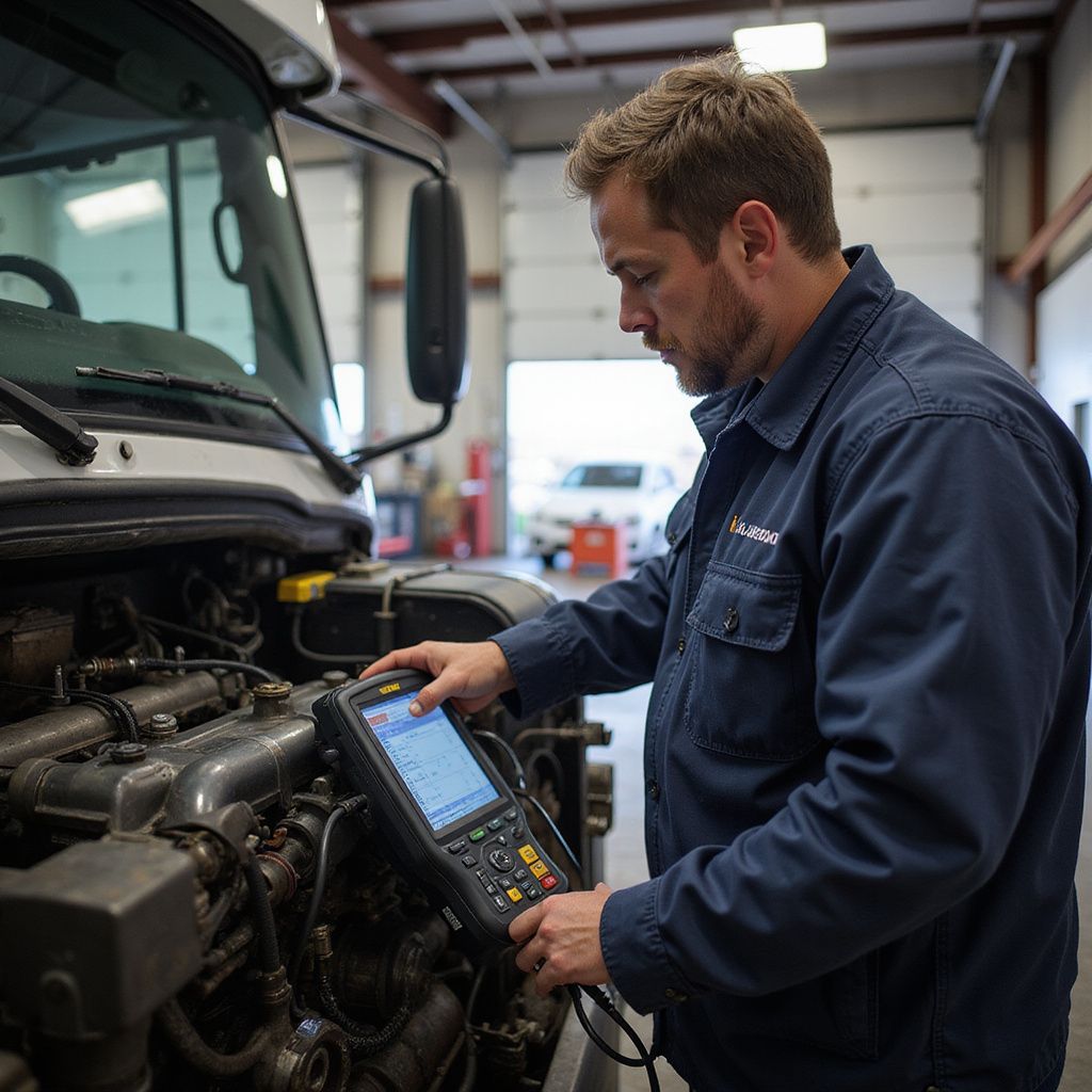 Mechanic using diagnostic tool on a truck engine in a repair shop.