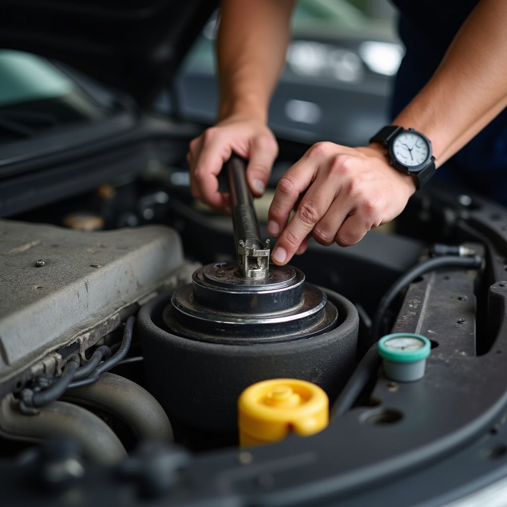 Mechanic working on a car engine with tools in a garage.