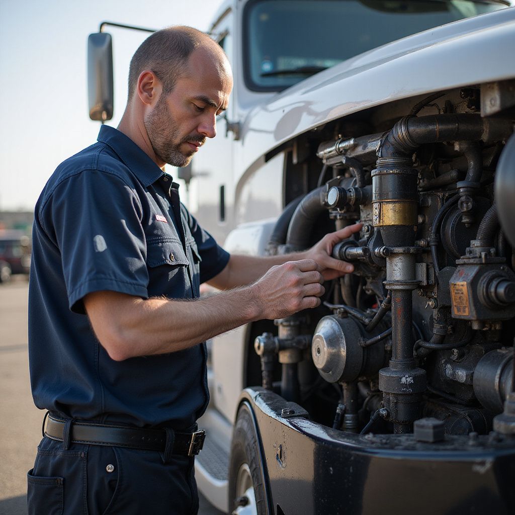Mechanic in blue shirt repairs the engine of a large truck outdoors.