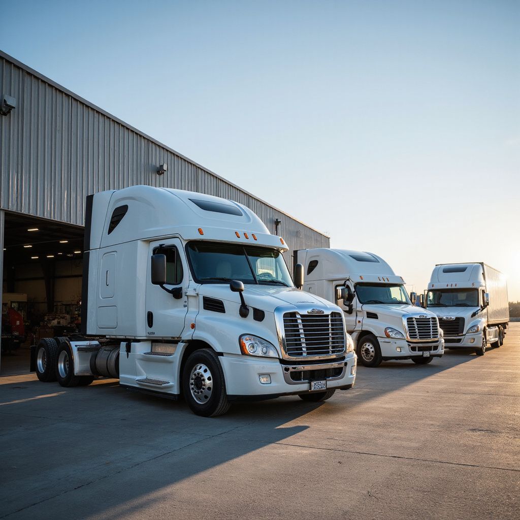 Three white semi-trucks parked in front of a warehouse under a bright, sunny sky.