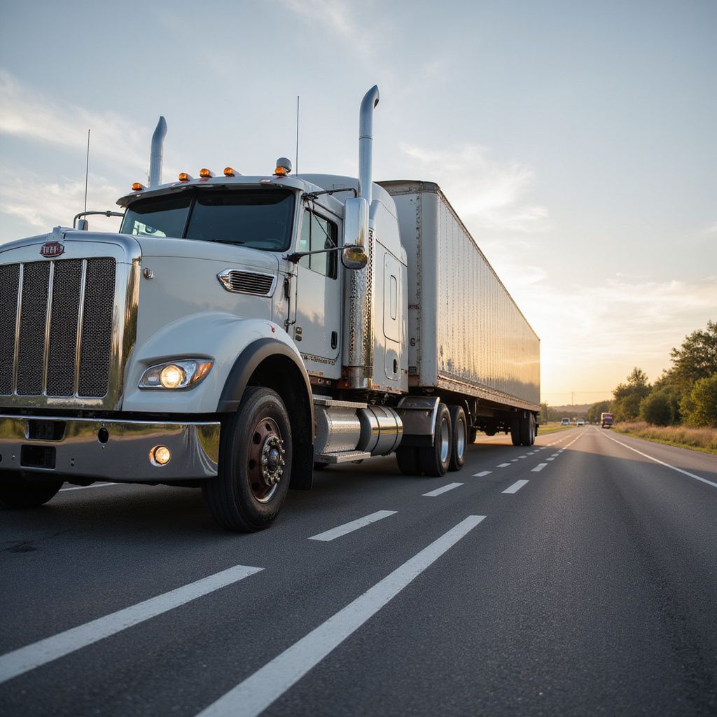 White semi-truck driving on highway, sun setting in the background.