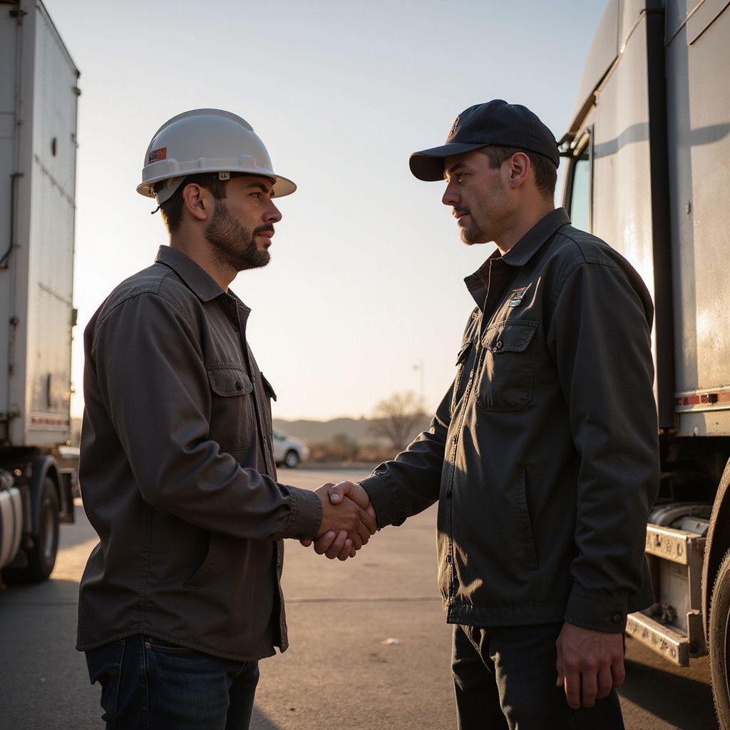 Two men in work attire shaking hands near trucks in a sunny outdoor setting.