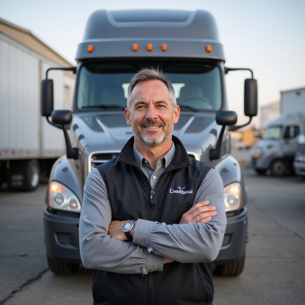 Man with arms crossed stands in front of a dark gray semi-truck.