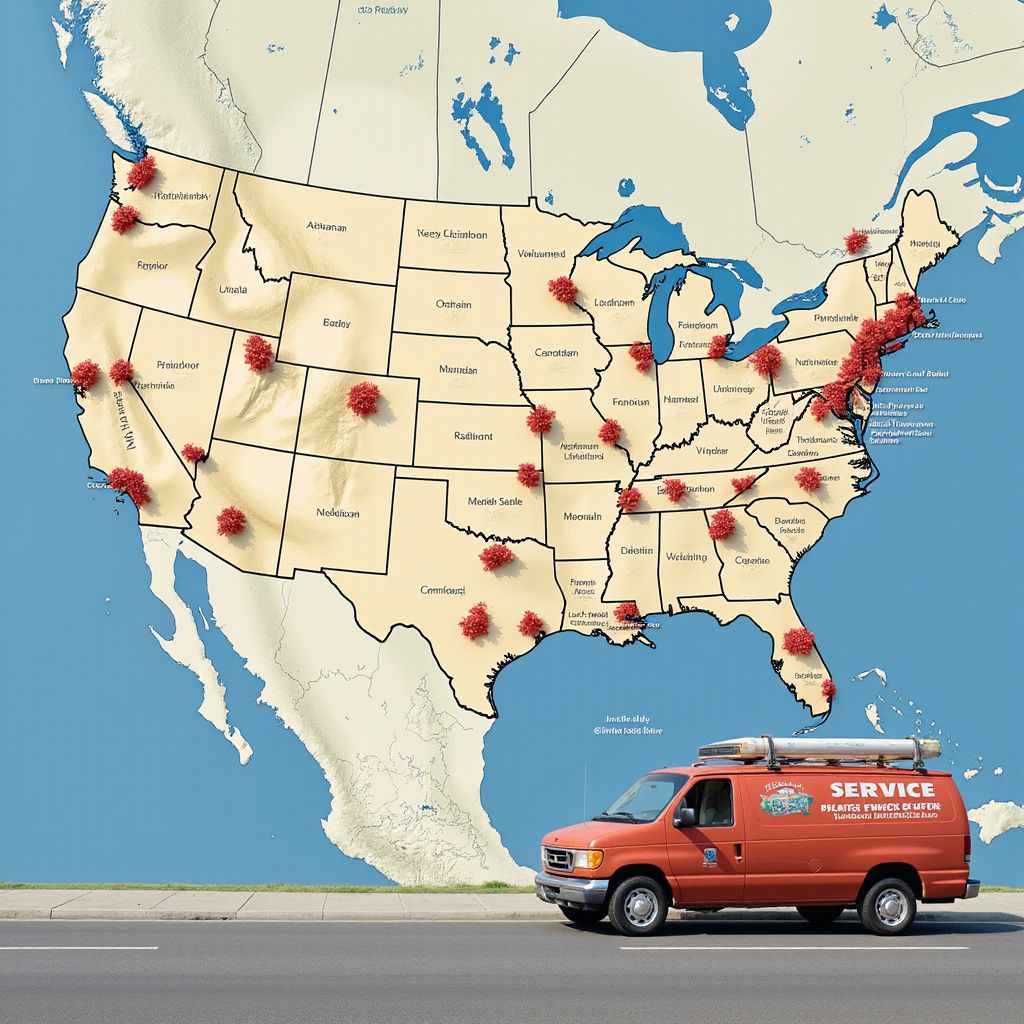 Map of the US with red markers, commercial van parked in front.