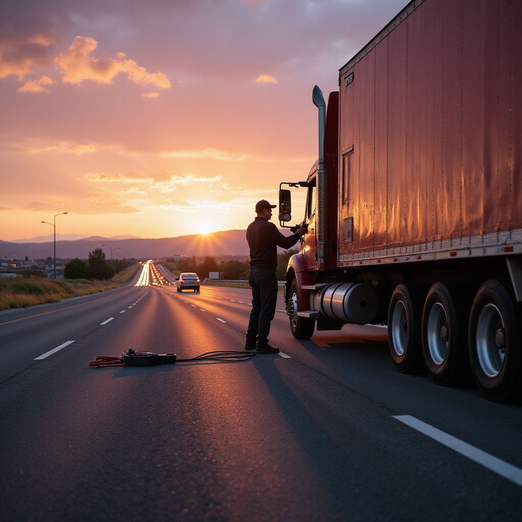 Trucker at a semi-truck on a highway during sunset. Roadside repair with orange sky.