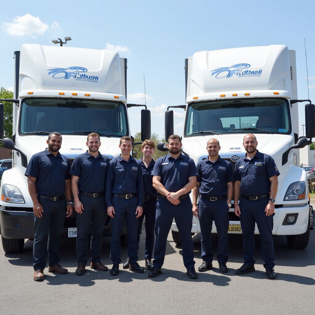 Seven men in blue uniforms stand in front of two white semi-trucks on a sunny day.