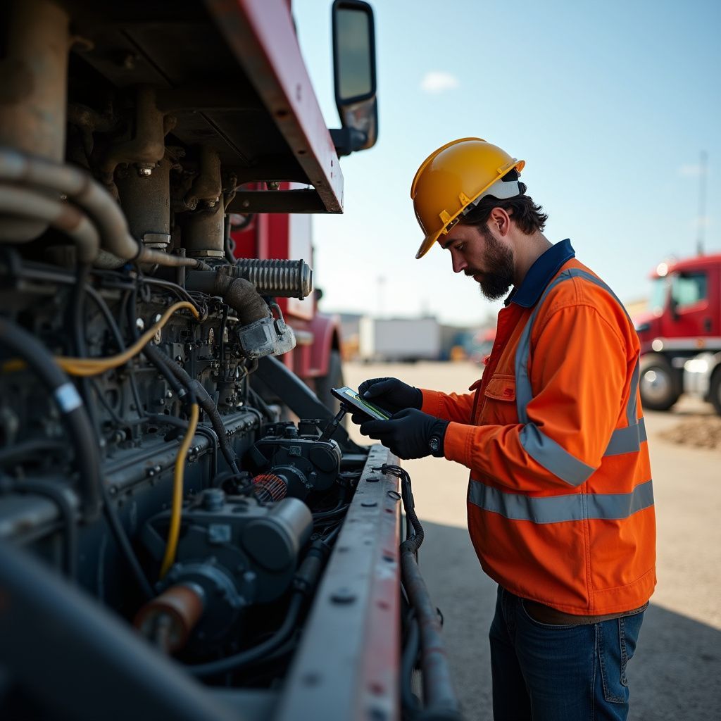 Mechanic in orange safety vest and hard hat inspecting a truck engine with a tablet outdoors.