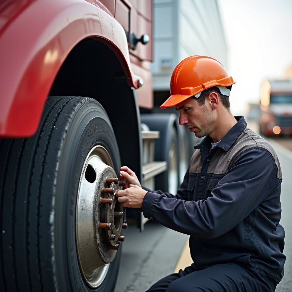 Mechanic in orange hard hat working on a truck tire, inspecting bolts on a sunny day.
