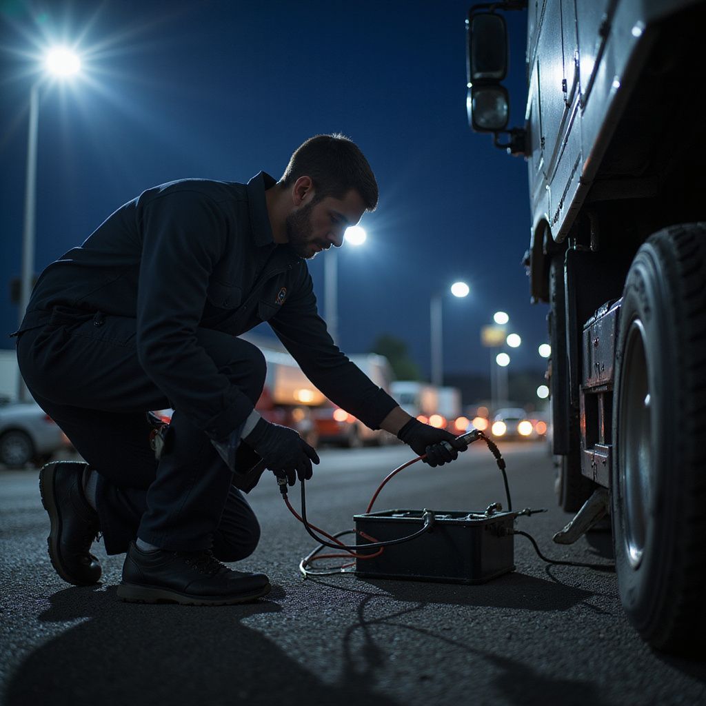 Man crouches to jump a truck battery at night, holding jumper cables, wearing gloves.