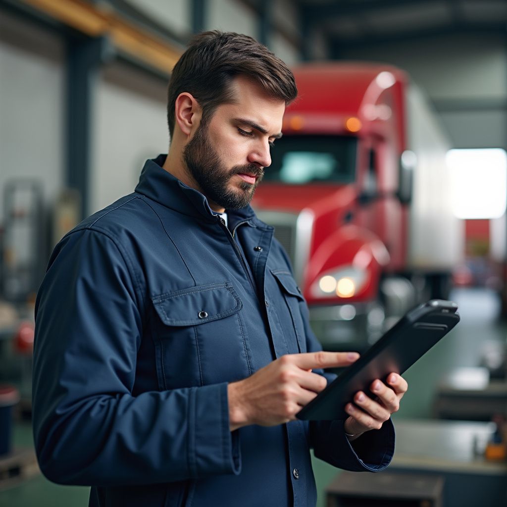 Man in blue work jacket, uses a tablet in a repair shop with a red semi-truck in the background.