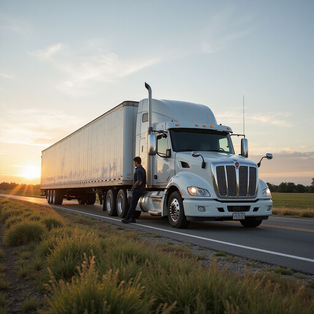Truck driver beside a white semi-truck on a rural highway at sunset.