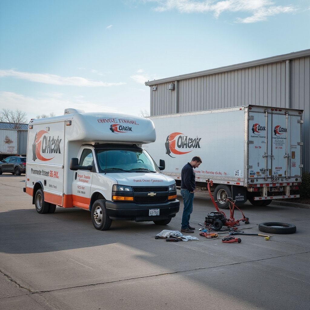 Man working on a small engine next to a branded O-West repair truck and trailer in an industrial area.