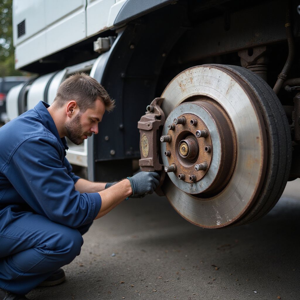 Mechanic in blue jumpsuit works on a semi-truck's brake system, outdoors.