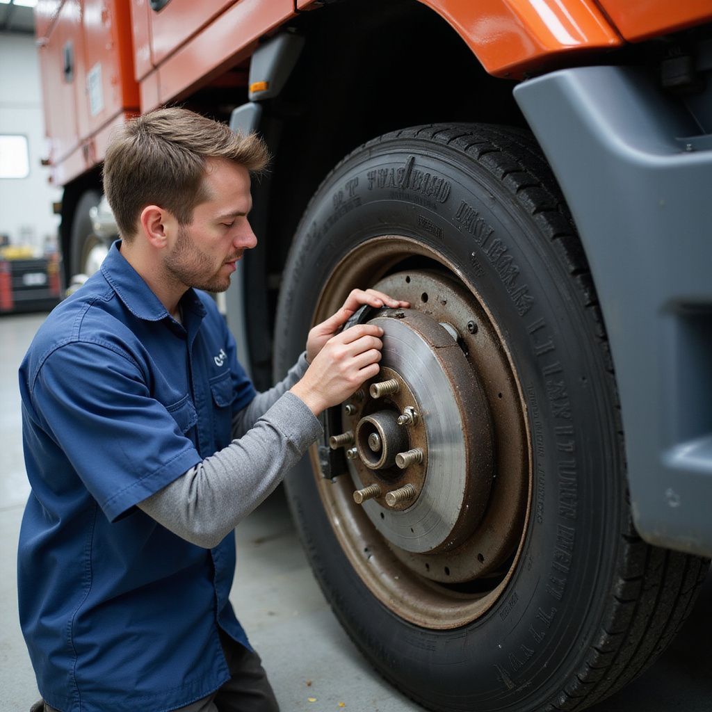Mechanic in blue shirt inspects the wheel of an orange truck in a workshop.