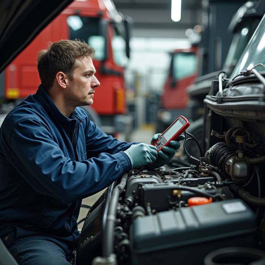 Mechanic in blue jumpsuit examines car engine with diagnostic tool in auto shop.
