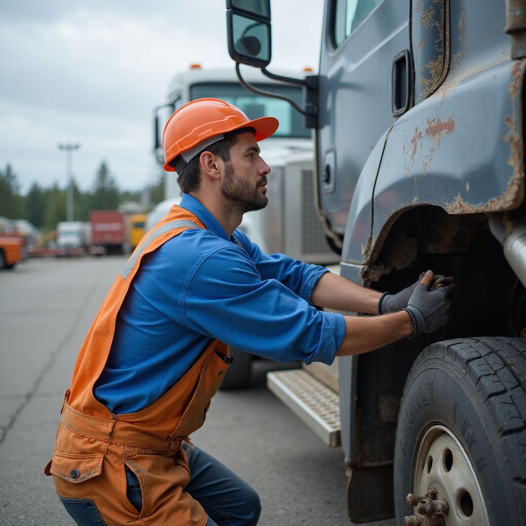 Mechanic in orange overalls fixes a truck tire, wearing a hard hat outdoors.