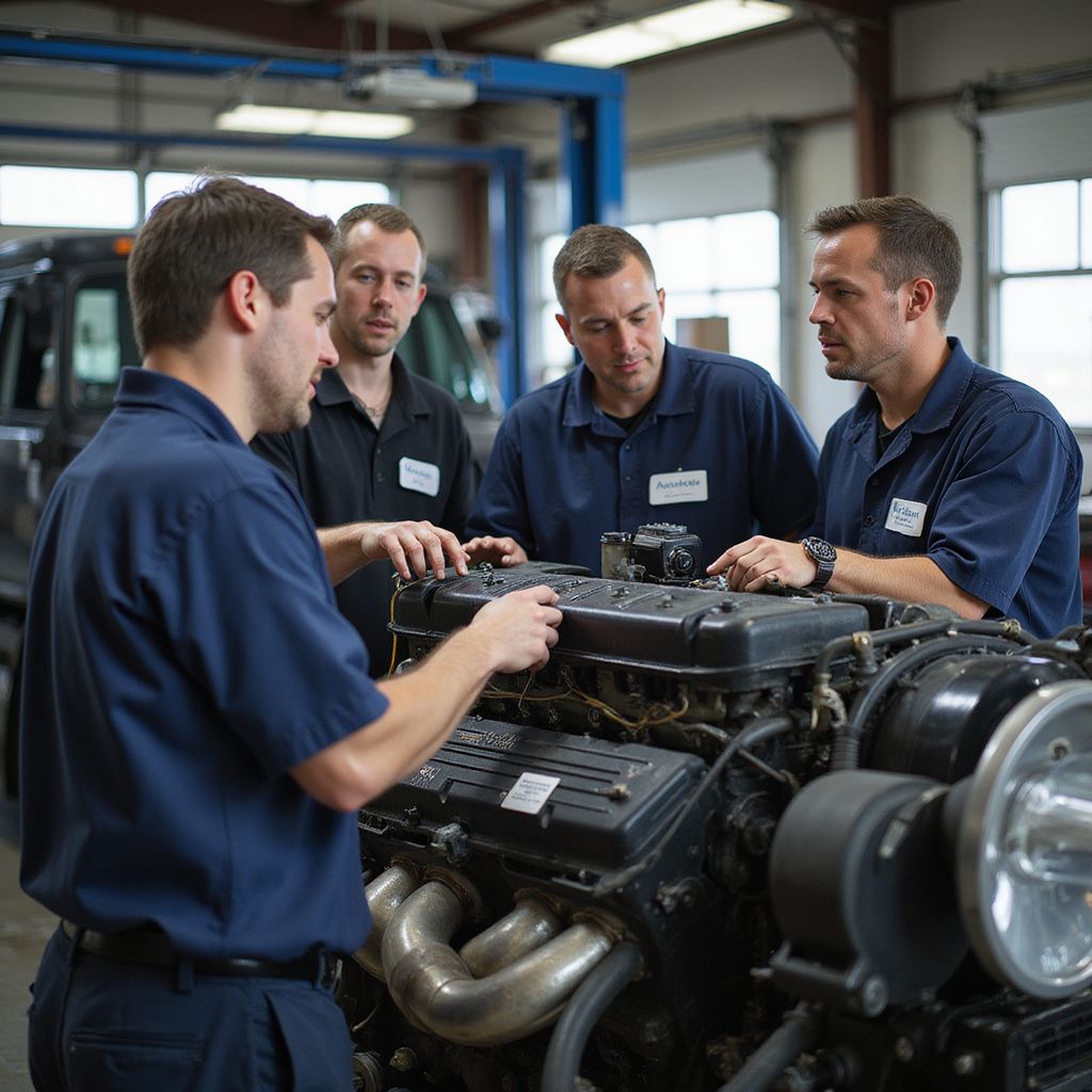 Four mechanics in blue shirts examining a large engine in a garage.