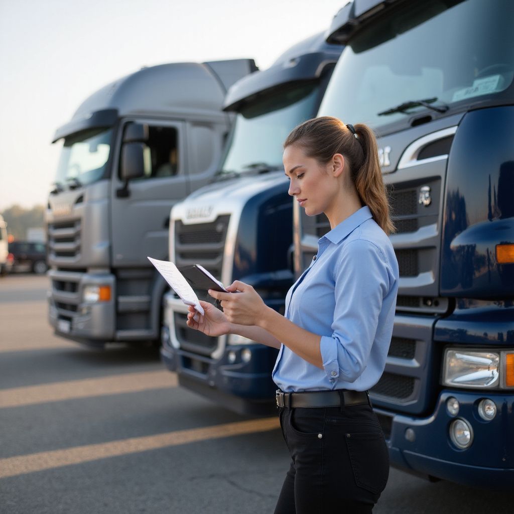 Woman in blue shirt and black pants stands in front of three semi-trucks, looking at a tablet and papers.