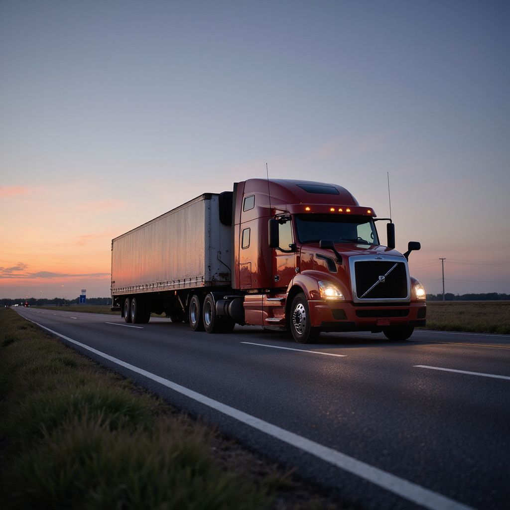 Red semi-truck driving on a highway at dusk.