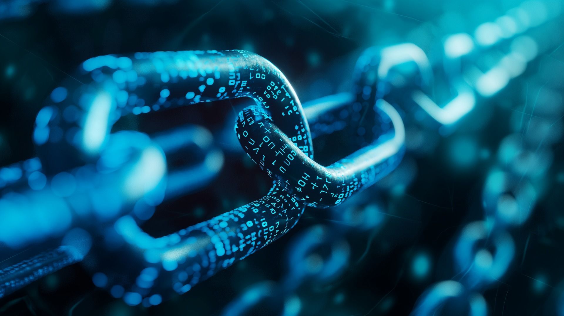 Blue digital chain links, representing blockchain technology.