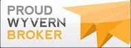 "Proud Wyvern Broker" logo with gray, gold, and orange geometric design