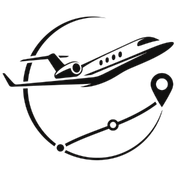 Black airplane with a route line and location pin, suggesting travel or flight tracking.