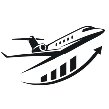 Stylized black airplane ascending above a rising bar chart