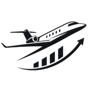 Stylized black business jet rising over an upward growth chart icon