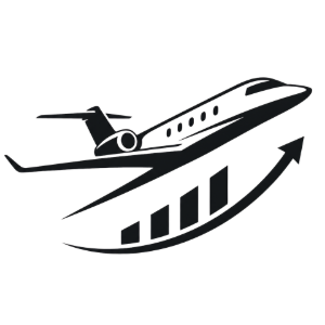 Stylized black business jet rising over an upward growth chart icon
